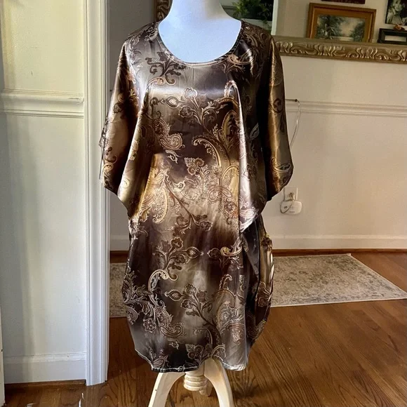 Vintage Gold 60s 70s silky Paisley Kaftan Mini butterfly Dress Angel Sleeves - Picture 12 of 16